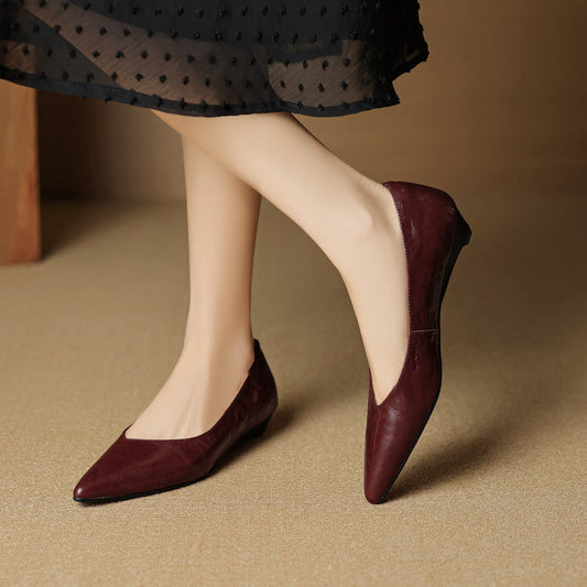 Amelier Women's Leather Flats Pointed Toe Hidden Wedge Burgundy