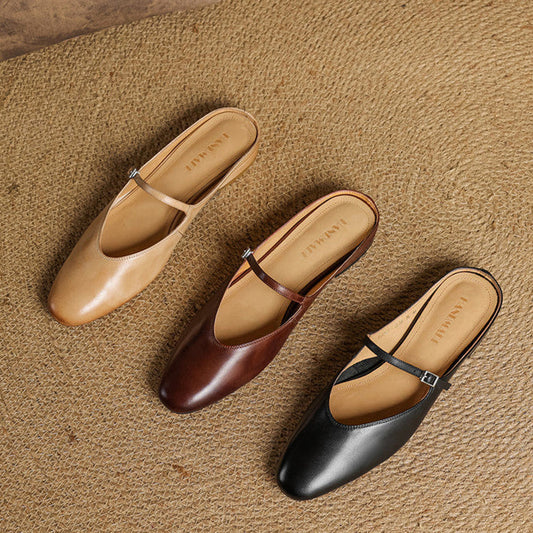 Amelier Women's Leather Mary Jane Mules Brown