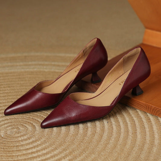 Amelier Women's Leather Kitten Heels Pointed Toe Maroon