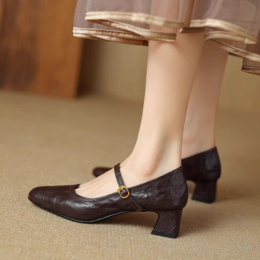Amelier Women's Leather Mary Jane Heels Square Toe Brown