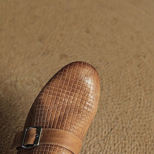Amelier Women's Woven Leather Mules Buckle Strap Khaki