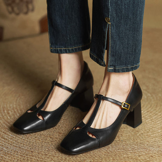Amelier Women's Leather Pumps Block Heel Brown