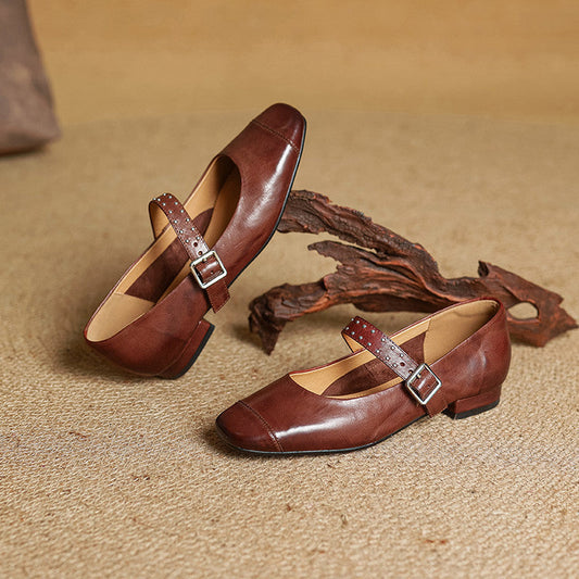 Amelier Women's Leather Mary Jane Pumps Studded Maroon