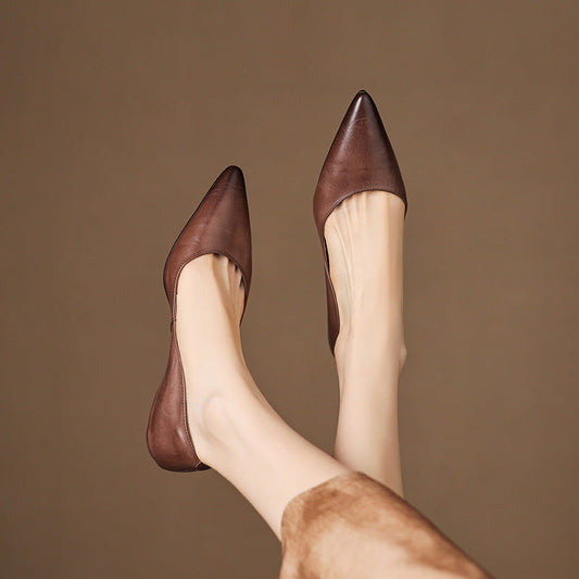Amelier Women's Leather Flats Pointed Toe Low Block Heel Apricot