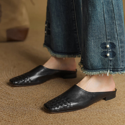 Amelier Women's Woven Leather Mules Slip-On Brown