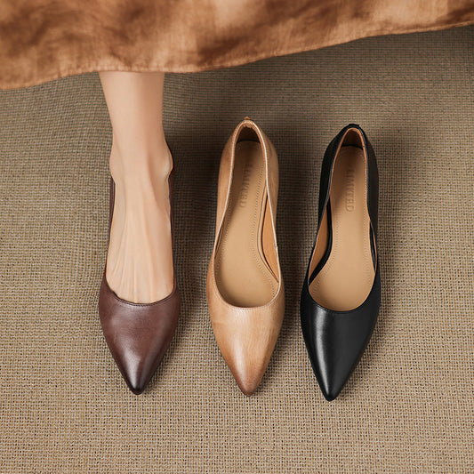 Amelier Women's Leather Flats Pointed Toe Low Block Heel Apricot