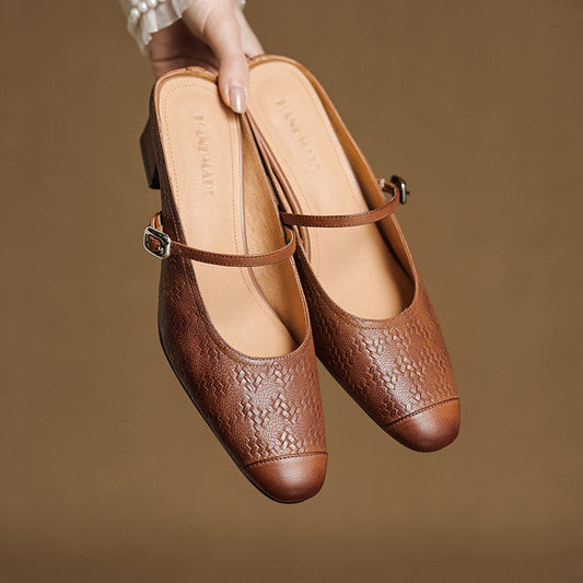 Amelier Women's Leather Mary Jane Mules Block Heel Brown