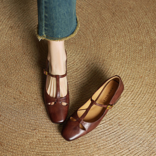 Amelier Women's Leather Pumps Block Heel Brown