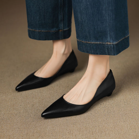 Amelier Women's Leather Flats Pointed Toe Low Block Heel Apricot