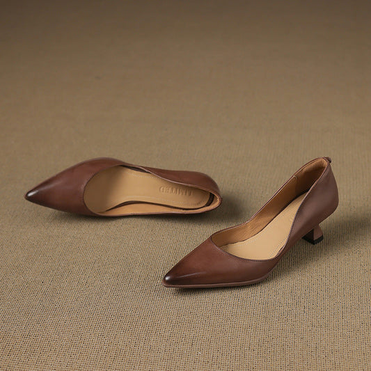 Amelier Women's Leather Pumps Pointed Toe Kitten Heel Slim