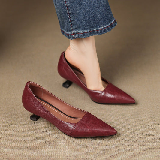 Amelier Women's Leather Pumps Pointed Toe Kitten Heel Maroon
