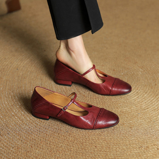 Amelier Women's Leather Brogue Flats T-Strap Lace-Up Maroon