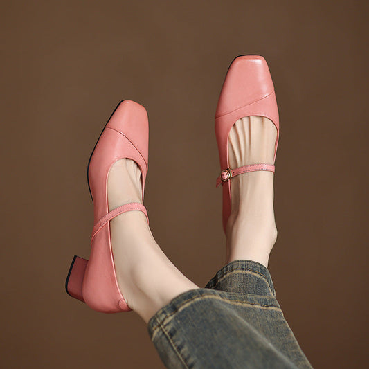 Amelier Women's Leather Mary Jane Pumps Block Heel Pink