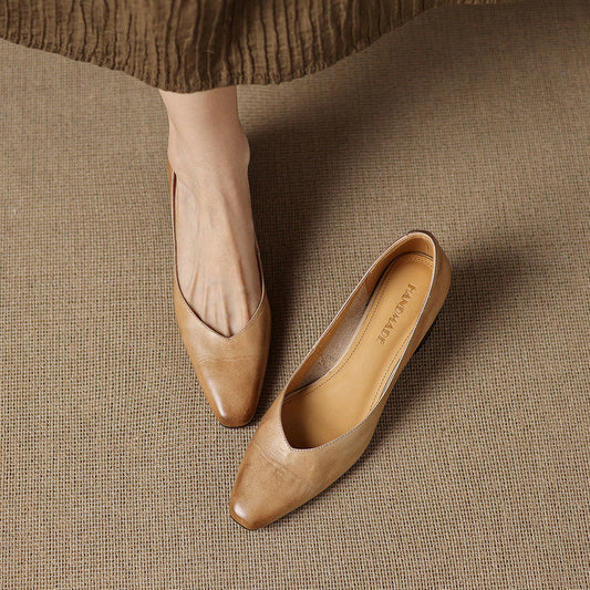 Amelier Women's Leather Pumps Block Heel Closed Toe Apricot