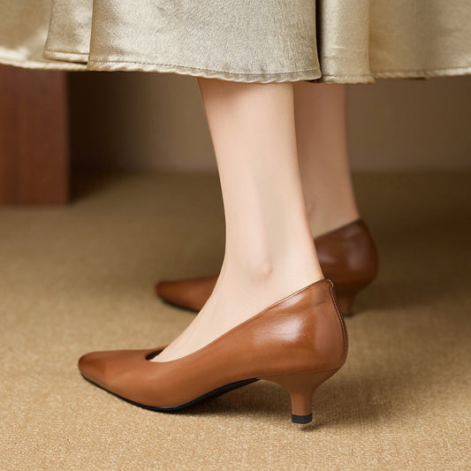 Amelier Women's Leather Pumps Kitten Heel Pointed Toe Brown