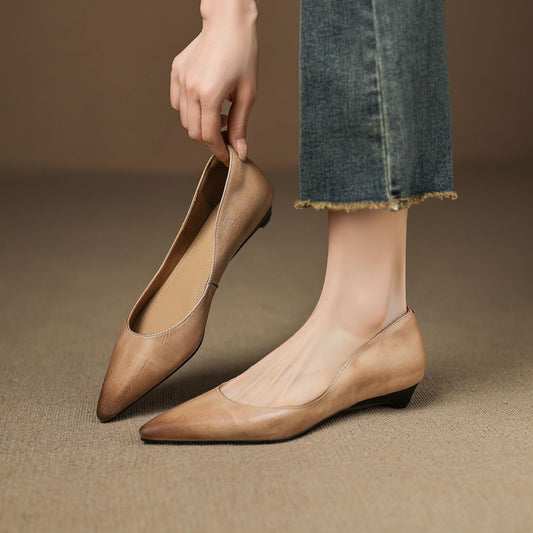 Amelier Women's Leather Flats Pointed Toe Low Block Heel Apricot