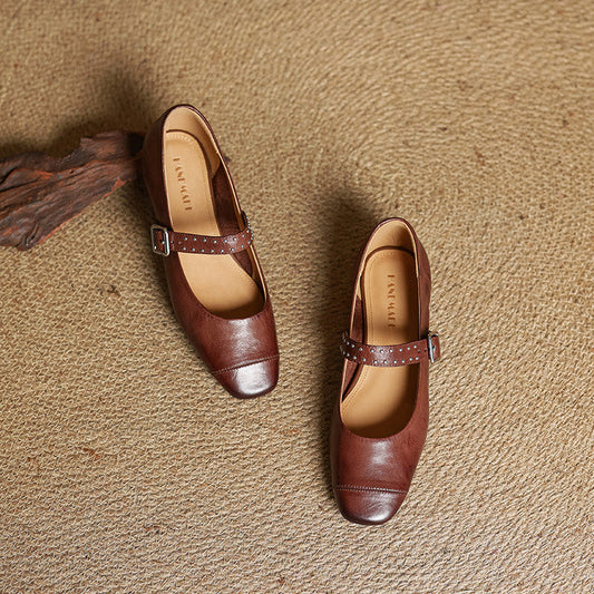 Amelier Women's Leather Mary Jane Pumps Studded Maroon
