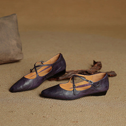 Amelier Women's Leather Ballet Flats Cross-Strap Almond Toe