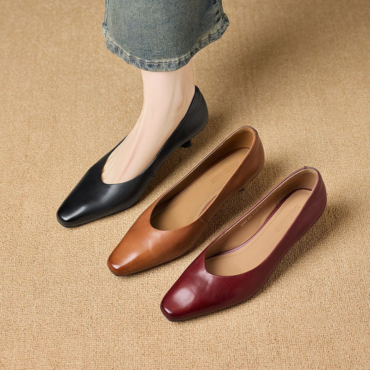 Amelier Women's Leather Pumps Kitten Heel Pointed Toe Brown