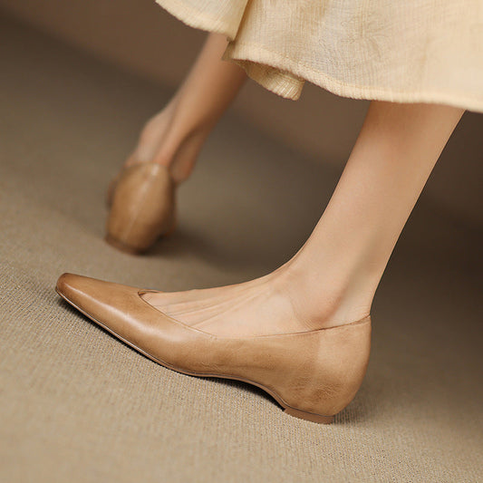 Amelier Women's Leather Flats Almond Toe Hidden Wedge Apricot