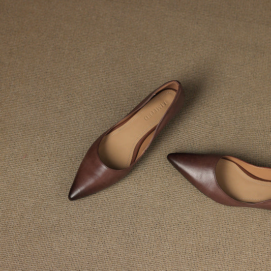 Amelier Women's Leather Flats Pointed Toe Low Block Heel Apricot