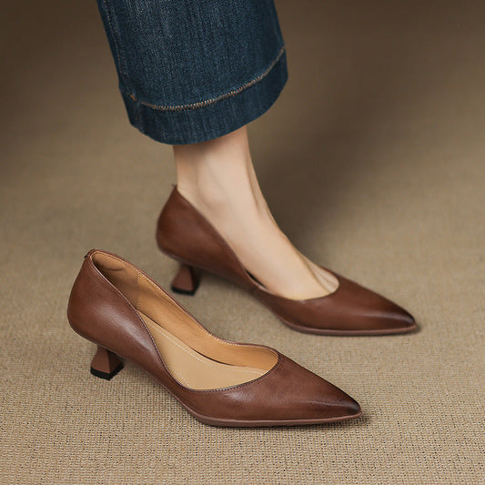 Amelier Women's Leather Pumps Pointed Toe Kitten Heel Slim