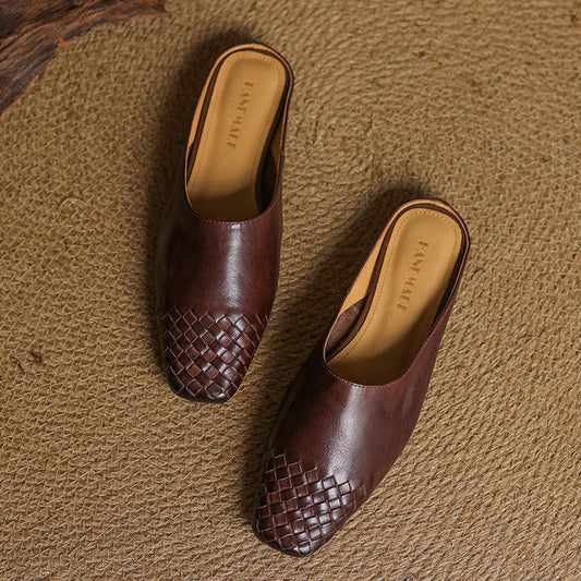 Amelier Women's Woven Leather Mules Slip-On Brown