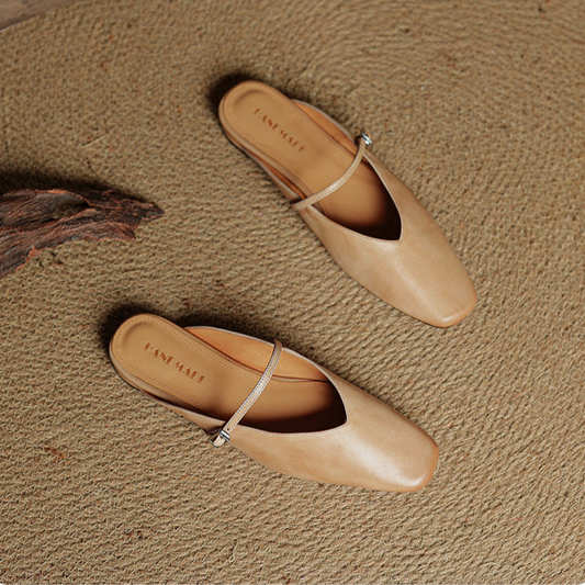 Amelier Women's Leather Mary Jane Mules Square Toe Apricot