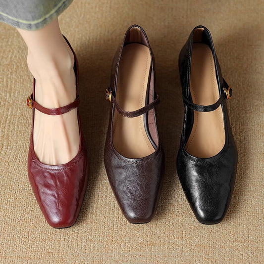 Amelier Women's Leather Mary Jane Heels Square Toe Brown