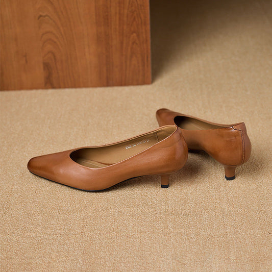 Amelier Women's Leather Pumps Kitten Heel Pointed Toe Brown