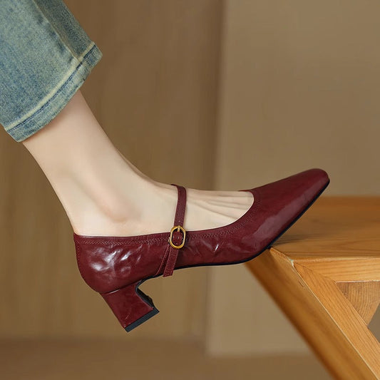 Amelier Women's Leather Mary Jane Heels Square Toe Brown