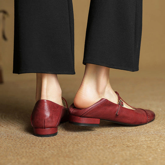 Amelier Women's Leather Brogue Flats T-Strap Lace-Up Maroon