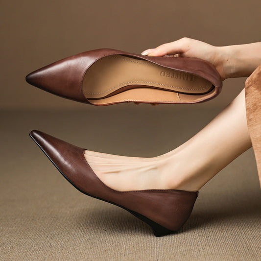 Amelier Women's Leather Flats Pointed Toe Low Block Heel Apricot