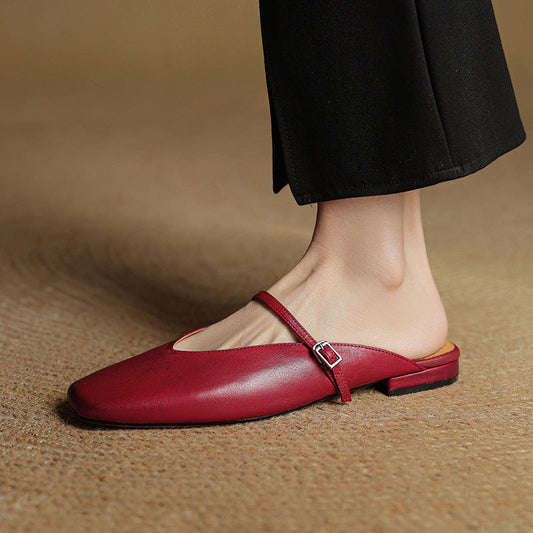 Amelier Women's Leather Mary Jane Mules Square Toe Apricot