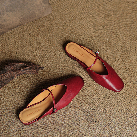 Amelier Women's Leather Mary Jane Mules Square Toe Apricot