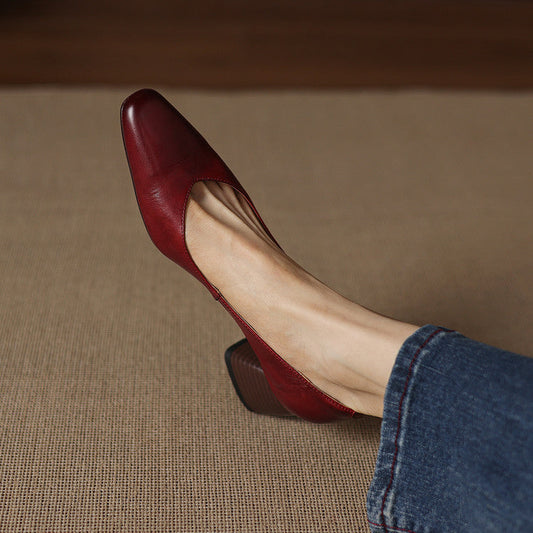 Amelier Women's Leather Pumps Block Heel Apricot