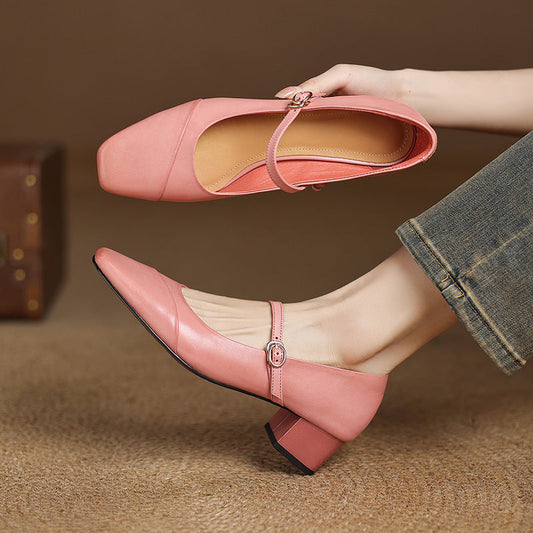 Amelier Women's Leather Mary Jane Pumps Block Heel Pink