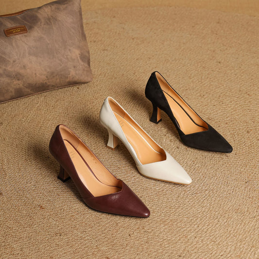 Amelier Women's Leather Heels Pointed Toe Flared Heel
