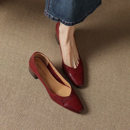 Amelier Women's Leather Pumps Block Heel Closed Toe Apricot