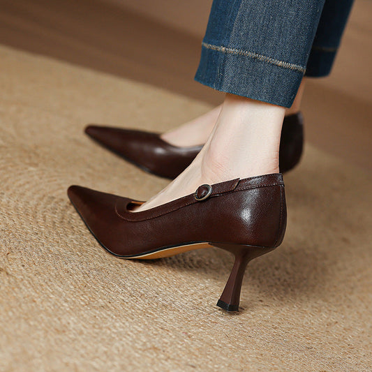 Amelier Women's Leather Stiletto Heels Pointed Toe Brown