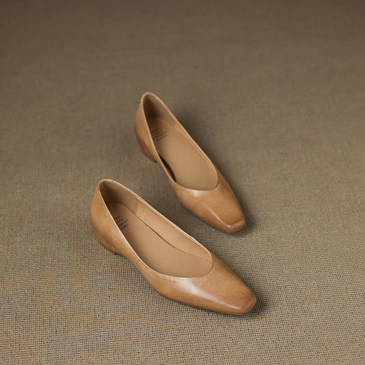 Amelier Women's Leather Flats Almond Toe Hidden Wedge Apricot