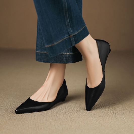 Amelier Women's Leather Flats Pointed Toe Low Block Heel Apricot