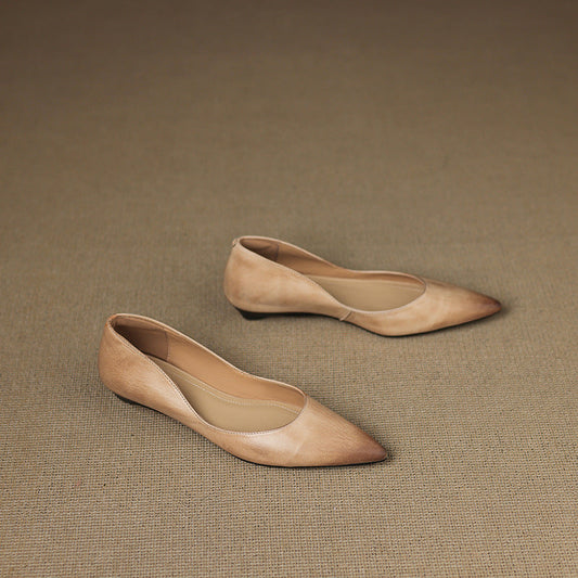Amelier Women's Leather Flats Pointed Toe Low Block Heel Apricot