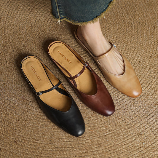 Amelier Women's Leather Mary Jane Mules Brown