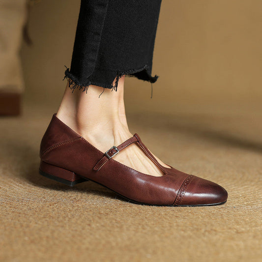Amelier Women's Leather Brogue Flats T-Strap Lace-Up Maroon