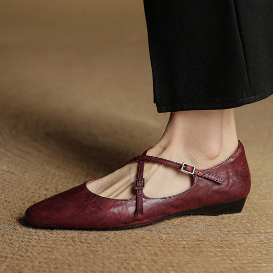 Amelier Women's Leather Ballet Flats Cross-Strap Almond Toe