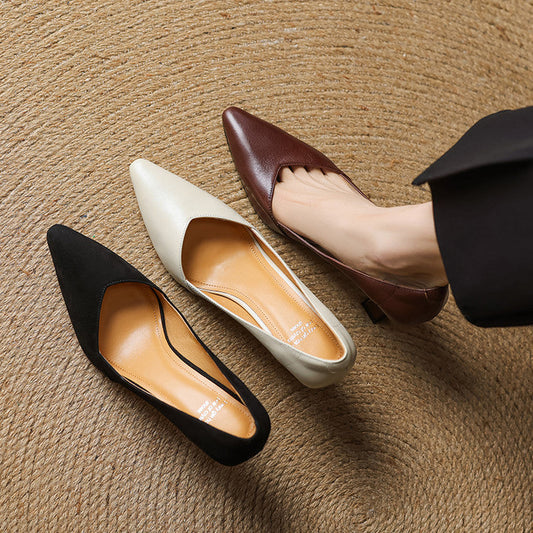Amelier Women's Leather Heels Pointed Toe Flared Heel