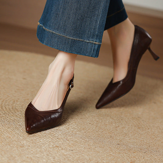 Amelier Women's Leather Stiletto Heels Pointed Toe Brown