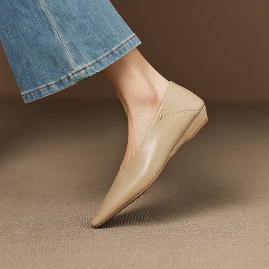 Amelier Women's Leather Flats Square Toe Hidden Wedge Apricot