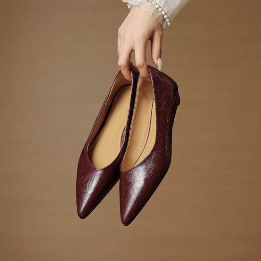 Amelier Women's Leather Flats Pointed Toe Hidden Wedge Burgundy